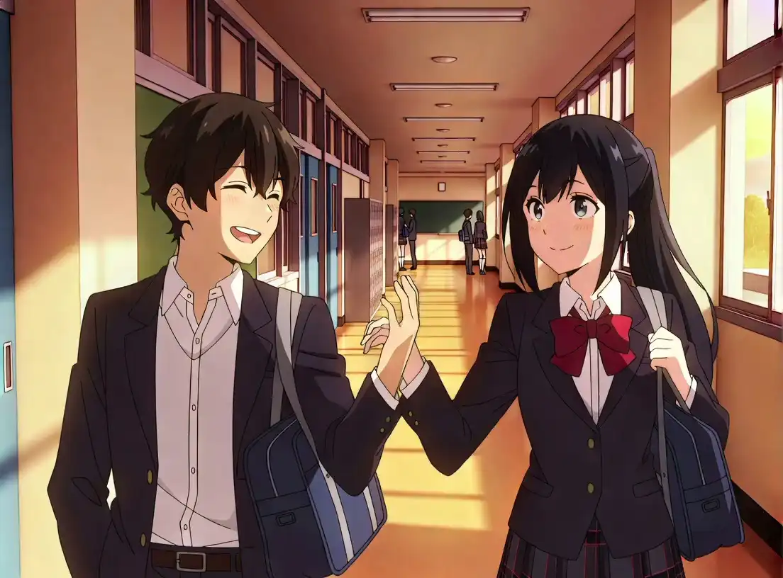 Vidu Q3 Creative Gallery: Gentle Anime Students, Sunset Hallway