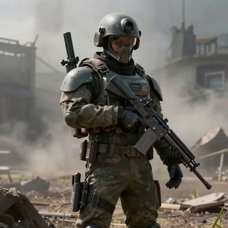 Vidu Q3 Creative Gallery: Soldier Ready to Fire, Advancing in Rubble and Smoke